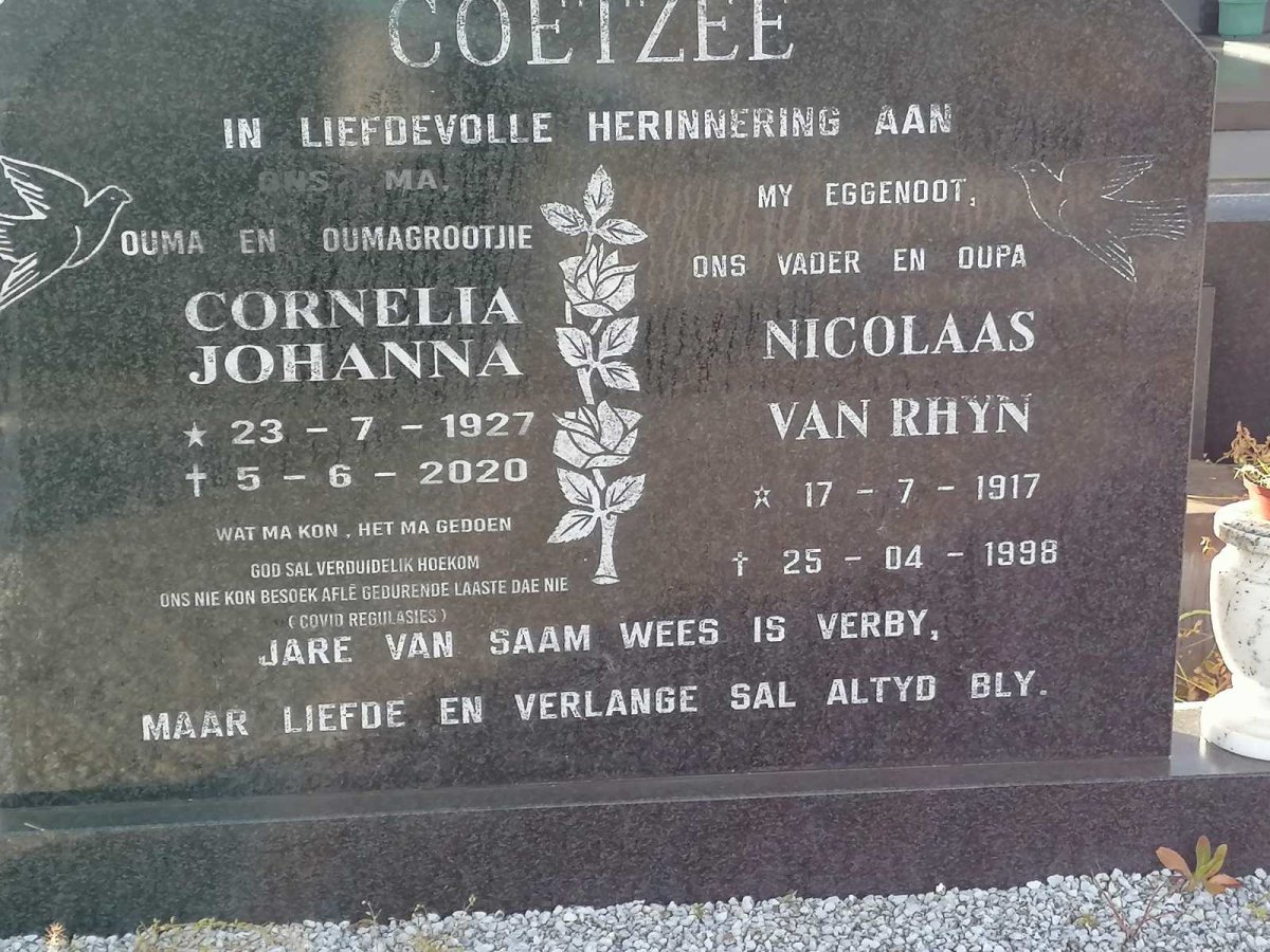 COETZEE Nicolaas van Rhyn 1917-1998 &amp; Cornelia Johanna 1927-2020