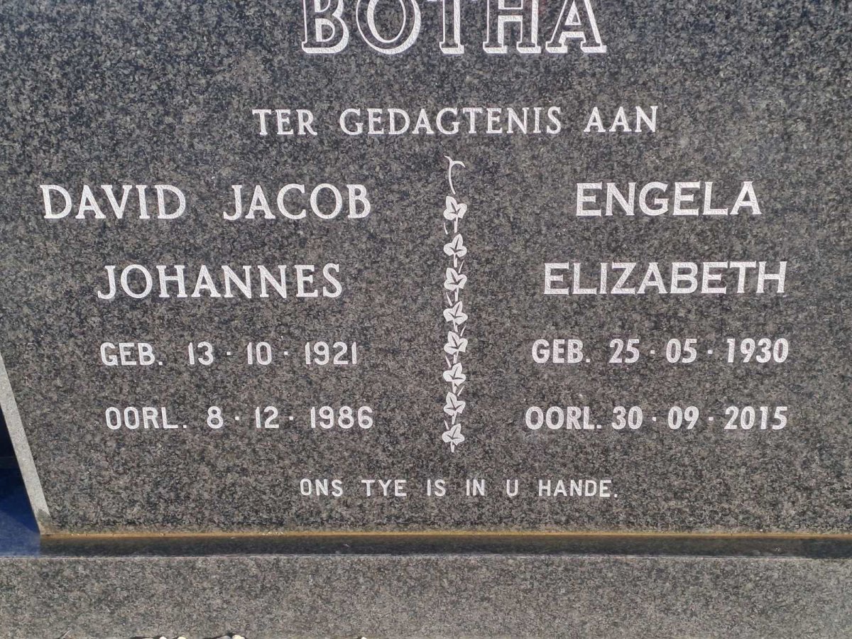 BOTHA David Jacob Johannes 1921-1986 &amp; Engela Elizabeth 1930-2015