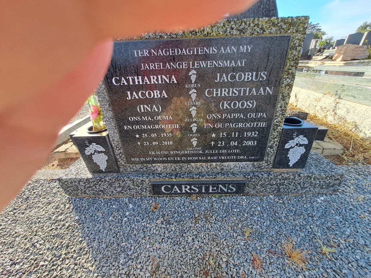 CARSTENS Jacobus Christiaan 1932-2003 &amp; Catharina Jacoba 1935-2018