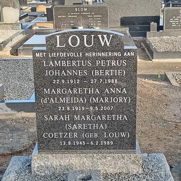 LOUW Lambertus Petrus Johannes 1912-1988 &amp; Margaretha Ann D'ALMEIDA 1919-2007 :: COETZER Sarah Margaretha nee LOUW 1945-1989