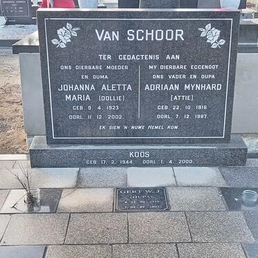 SCHOOR Adriaan Mynhard, van 1916-1987 &amp; Johanna Aletta Maria 1923-2002