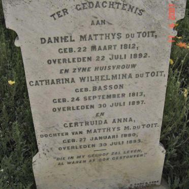 TOIT Daniel Matthys, du 1812-1892 &amp; Catharina Wilhelmina BASSON 1813-1897