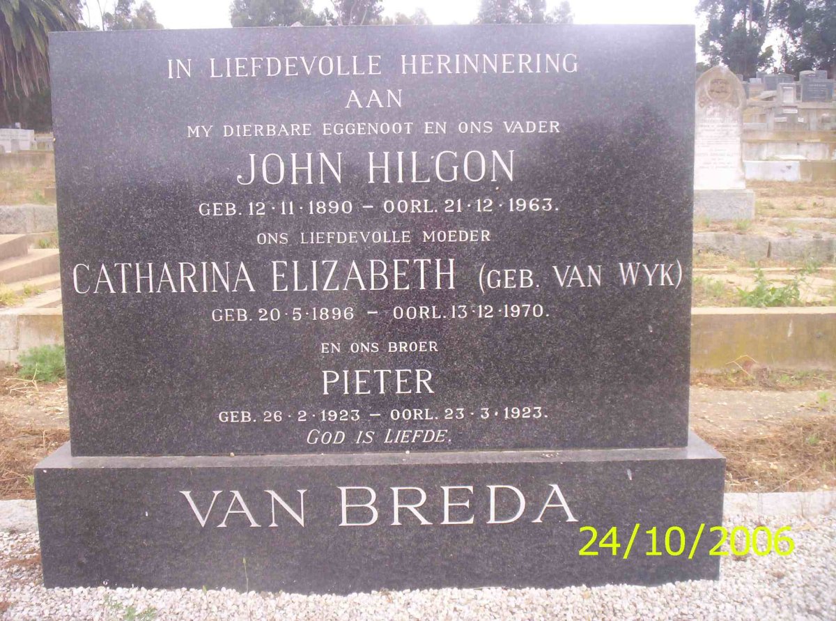 BREDA John Hilgon, van 1890-1963 &amp;  Catharina Elizabeth VAN WYK 1896-1970 :: VAN BREDA Pieter 1923-1923