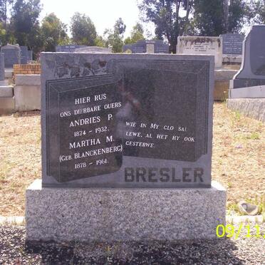BRESLER  Andries P. 1874-1932 &amp; Martha M. BLANCKENBERG 1978-1961