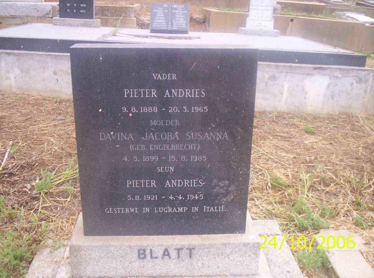 BLATT Pieter Andries 1888-1965 &amp; Davina Jacoba Susanna ENGELBRECHT 1899-1985 :: BLATT Pieter Andries 1921-1945