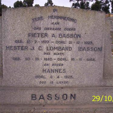 BASSON Pieter A. 1877-1923 &amp; Hester J. C. LOMBARD formerly BASSON neé BLATT 1882-1954 :: BASSON Hannes -1923