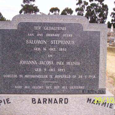 BARNARD Salomon Stephanus 1892-1958 &amp; Johanna Jacoba HEUNIS 1893-1958