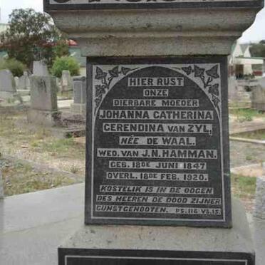 HAMMAN Johanna Catharina Gerendina previously VAN ZYL nee DE WAAL 1847-1920