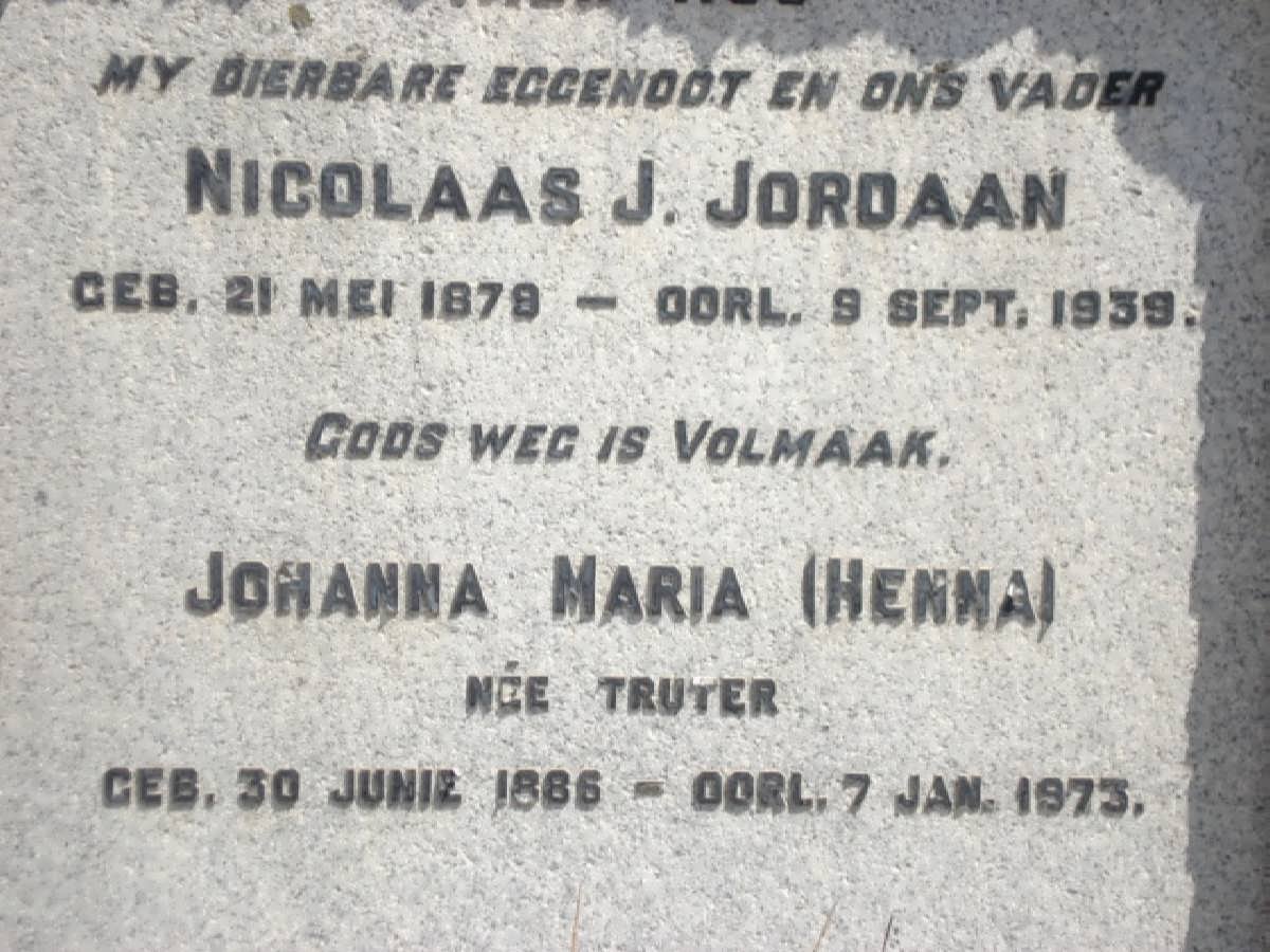 JORDAAN Nicolaas J.1878-1939 &amp; Johanna Maria TRUTER 1886-1975