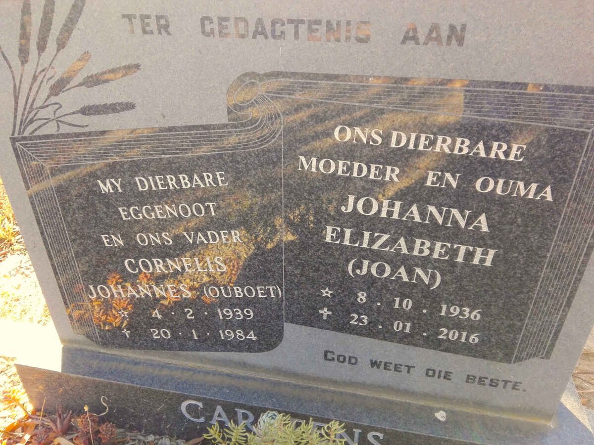 CARSTENS Cornelis Johannes 1939-1984 & Johanna Elizabeth 1936-2016