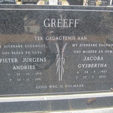 GREEFF Pieter Jurgens Andries 1919-1991 &amp; Jacoba Gysbertha 1927-2001