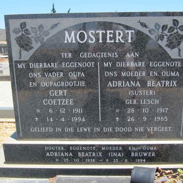MOSTERT Gert Coetzee 1911-1994 &amp; Adriana Beatrix LESCH 1917-1985 :: BRUWER Adriana Beatrix 1936-1994