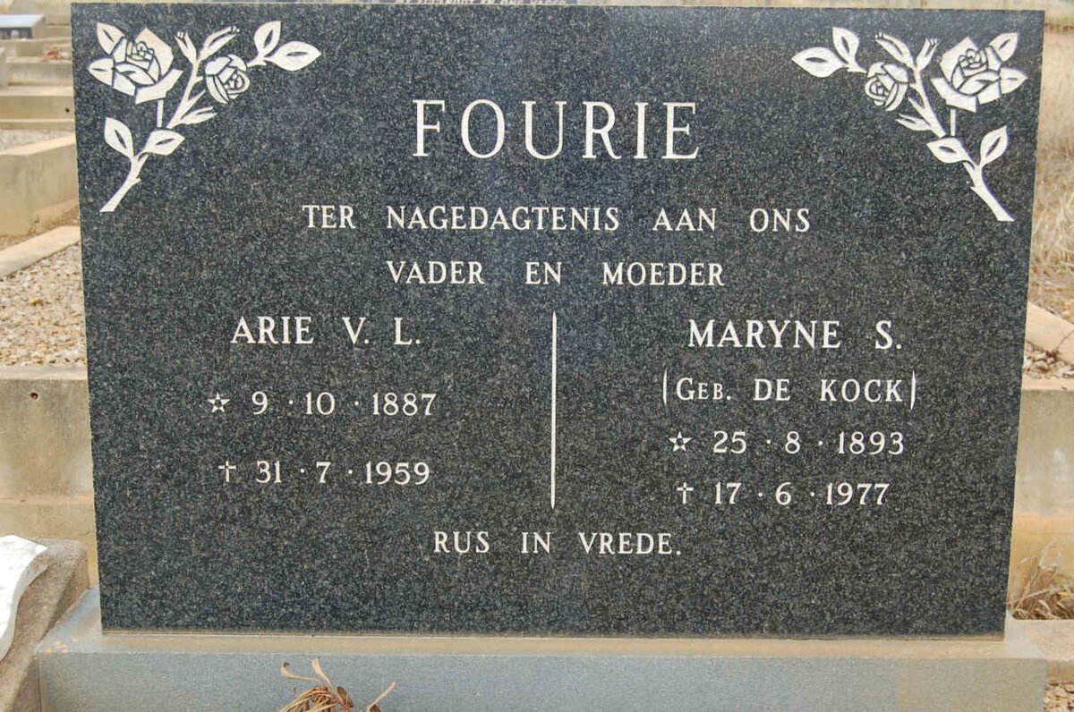 FOURIE Arie V.L. 1887-1959 &amp; Maryne S. DE KOCK 1893-1977