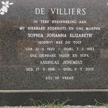 VILLIERS Andreas Jeremias, de 1918-2009 &amp; Sophia Johanna Elizabeth DU TOIT 1920-1983
