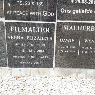 FILMALTER Verna Elizabeth 1933-2014 :: MALHERBE Dawie 1943-2016 &amp; Wendy 1943-2009