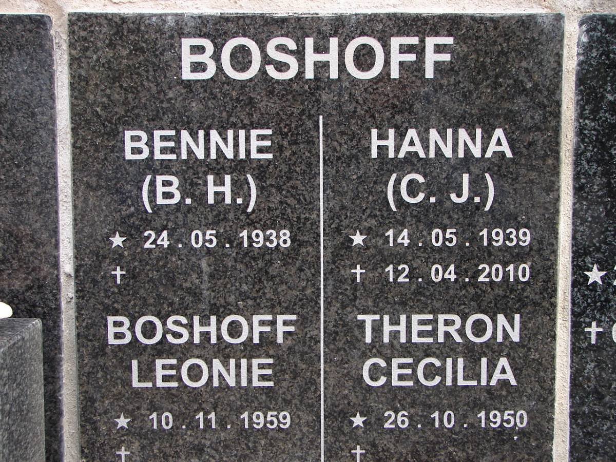 BOSHOFF B.H. 1938- :: BOSHOFF C.J. 1939-2010 :: BOSHOFF Leonie 1959- :: THERON Cecilia 1950-