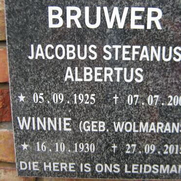 BRUWER Jacobus Stefanus Albertus 1925-2004 &amp; Winnie WOLMARANS 1930-2015
