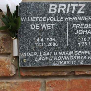 BRITZ De Wet 1936-2006 &amp; Frederika Johanna 1946-2002