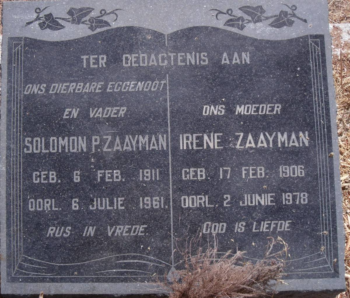 ZAAYMAN Solomon P. 1911-1961 &amp; Irene 1906-1978