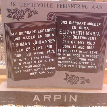 ARPIN Thomas Johannes 1901-1971 &amp; Elizabeth Maria OOSTHUIZEN 1900-1992