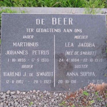 BEER Marthinus Johannes Petrus, de 1855-1933 & Lea Jacoba DE SWARDT 1884-1975 :: DE BEER Barend J. de Swardt 1907-1927 :: DE BEER Anna Sophia 1911-1912
