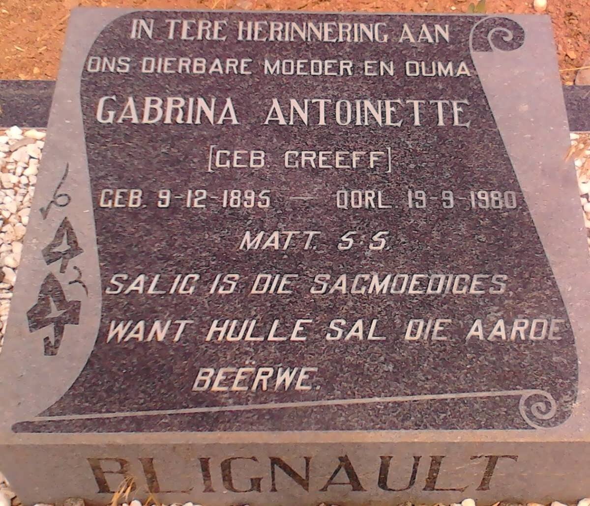 BLIGNAULT Gabrina Antoinette nee GREEFF 1895-1980