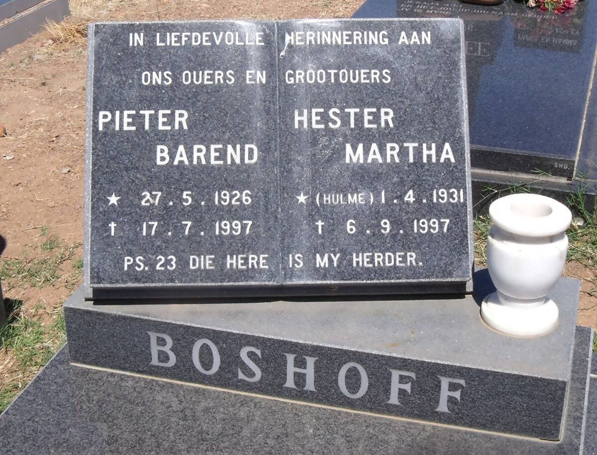 BOSHOFF Pieter Barend 1926-1997 &amp; Hester Martha HULME 1931-1997