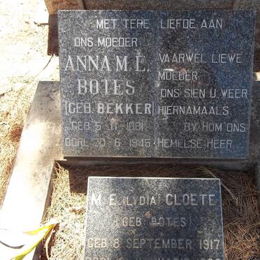 BOTES Anna M.E. nee BEKKER 1881-1946 :: CLOETE M.E. nee BOTES 1917-