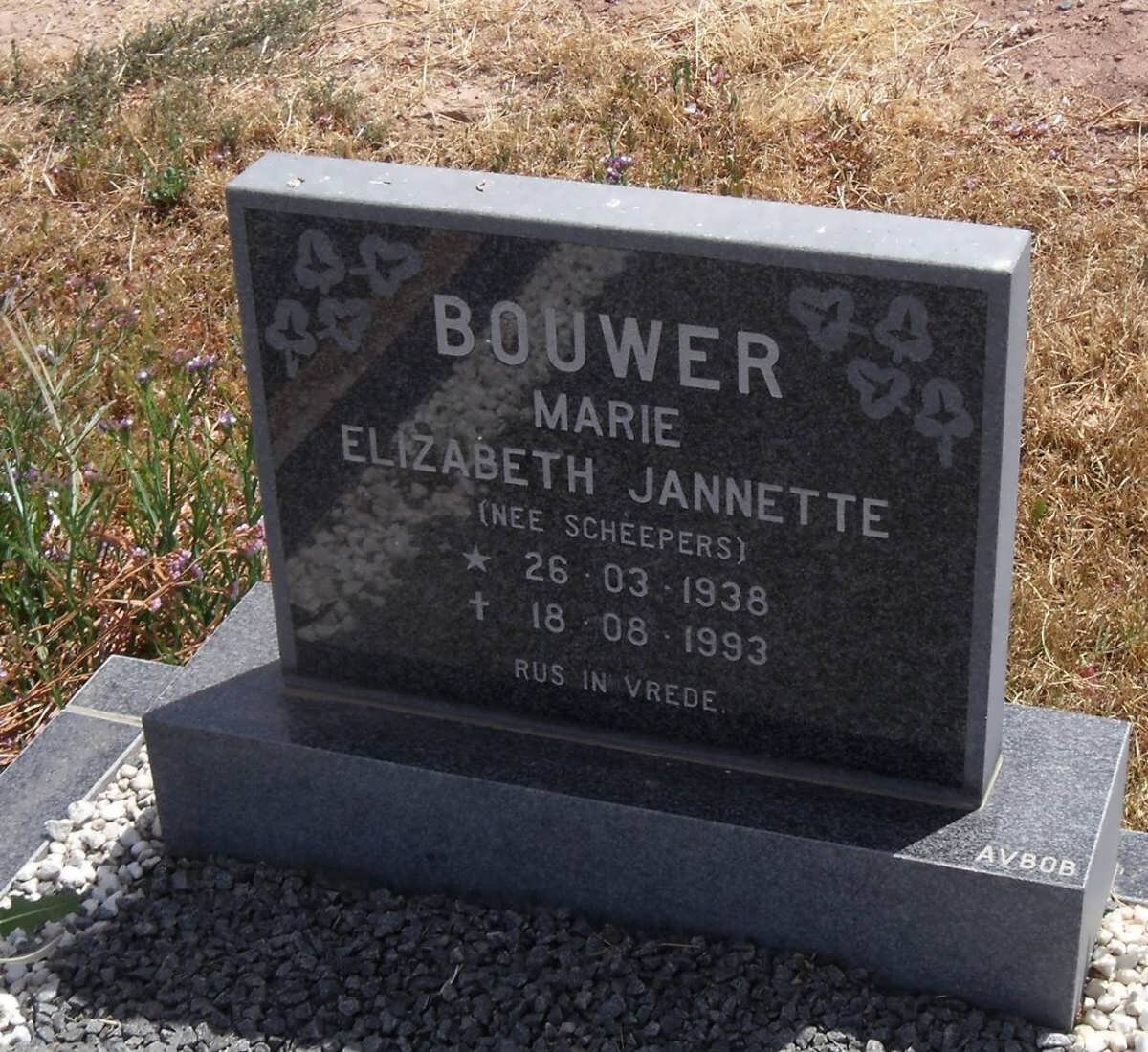 BOUWER Marie Elizabeth Jannette nee SCHEEPERS 1938-1993