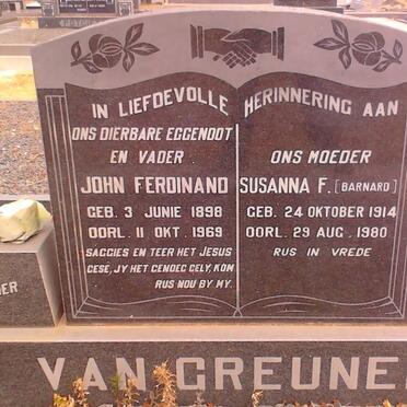 GREUNEN John Ferdinand, van 1898-1969 &amp; Susanna F. BARNARD 1914-1980