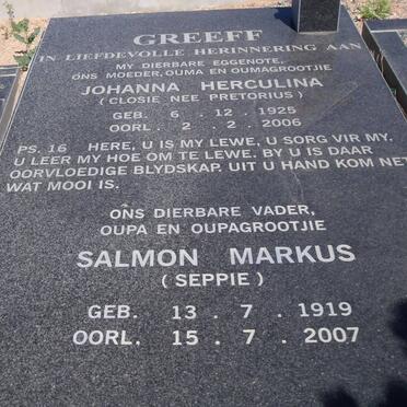 GREEFF Salmon Markus 1919-2007 &amp; Johanna Herculina PRETORIUS 1925-2006