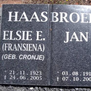 HAASBROEK Jan 1919-1909 &amp; Elsie E. CRONJE 1923-2005
