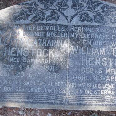 HENSTOCK William Thomas 1873-1950 &amp; Aletta Catharina BARNARD 1881-1952
