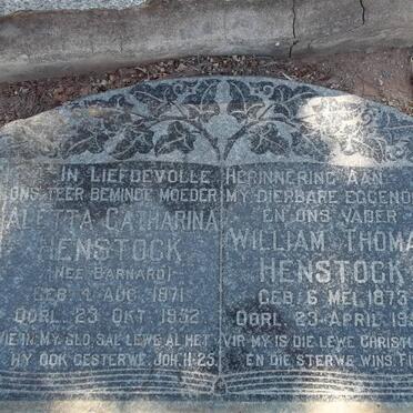 HENSTOCK William Thomas 1873-1950 &amp; Aletta Catharina BARNARD 1871-1952