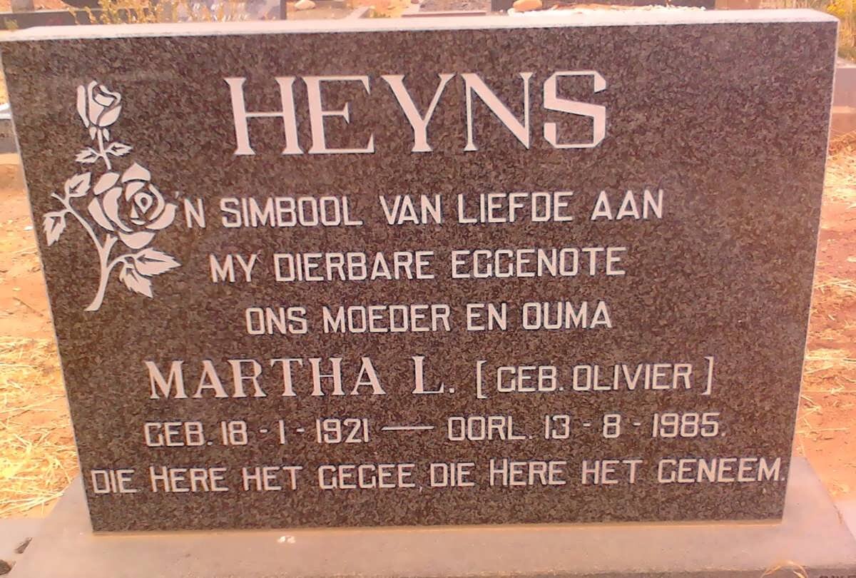 HEYNS Martha L. nee OLIVIER 1921-1985