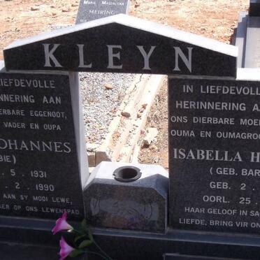 KLEYN Tobias Johannes 1931-1990 &amp; Isabella Hendrika C. BARKHUIZEN 1935-2007