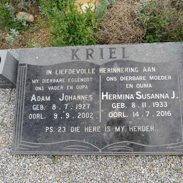 KRIEL Adam Johannes 1927-2002 & Hermina Susanna J.  1933-2016