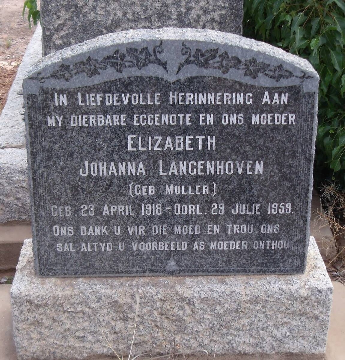 LANGENHOVEN Elizabeth Johanna nee MULLER 1918-1959