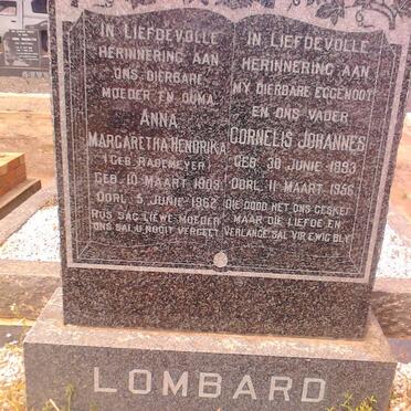 LOMBARD Cornelis Johannes 1893-1956 &amp; Margaretha Hendrika RADEMEYER 1909-1962