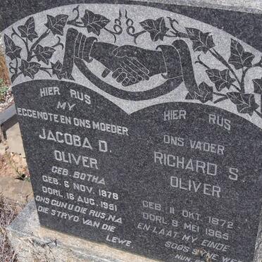 OLIVER Richard S. 1872-1965 &amp; Jacoba D. BOTHA 1878-1951