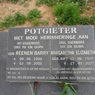 POTGIETER Van Reenen Barry 1920-2005 & Margaretha Elizabeth KIFT 1920-2007