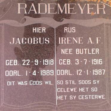 RADEMEYER Jacobus 1918-1989 &amp; Irene A.F. BUTLER 1916-1987