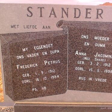 STANDER Frederick Petrus 1912-1984 &amp; Anna Jacomina SHARE 1912-1998