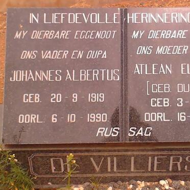 VILLIERS Johannes Albertus, de 1919-1990 &amp; Atlean Elizabeth DU TOIT 1921-1979