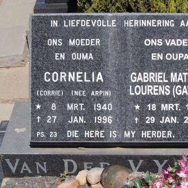 VYVER Gabriel Mathys Lourens, van der 1941-2006 &amp; Cornelia ARPIN 1940-1996