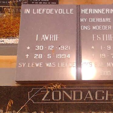 ZONDAGH Lawrie  1921-1994 &amp; Esther S. 1925-1977