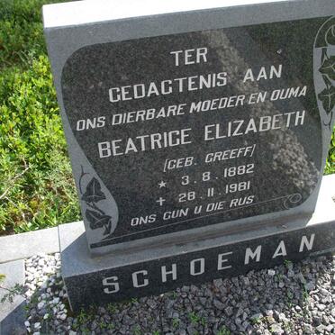 SCHOEMAN Beatrice Elizabeth nee GREEFF 1882-1981