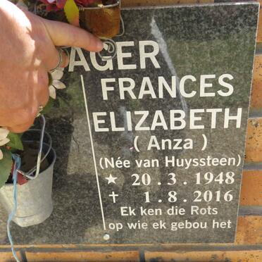 JAGER Frances Elizabeth, de nee VAN HUYSSTEEN 1948-2016