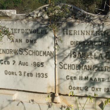 SCHOEMAN Hendrik S. 1865-1935 &amp; Isabella E.M. FOURIE 1892-1929