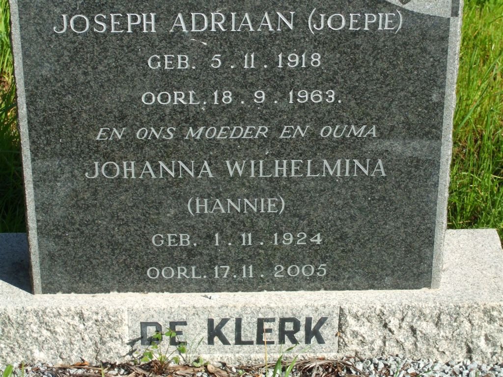 KLERK Joseph Adriaan, de 1918-1963 &amp; Johanna Wilhelmina 1924-2005